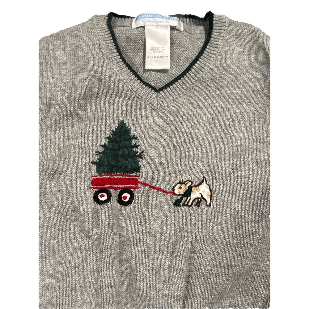 Janie and Jack Boys 12-18m Gray Green Dog Knit Sweater Vest Christmas Holiday - Picture 2 of 6